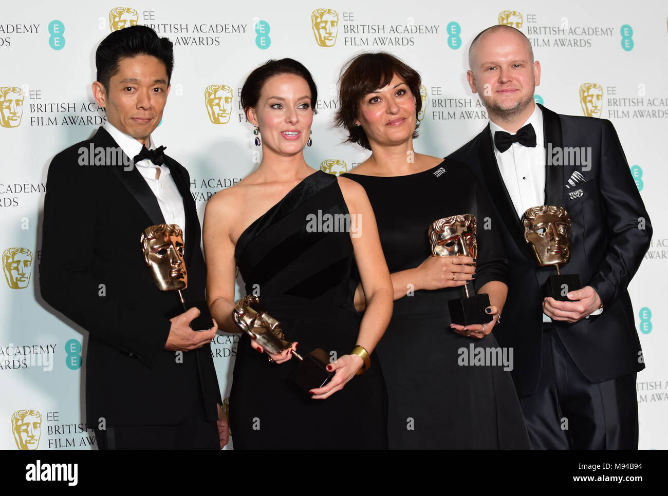 Settantunesima EE British Academy Film Awards (BAFTA) tenutosi presso la Royal Albert Hall - Sala stampa dotata di: David Malinowski, Ivana Primorac, Lucy Sibbick e Kazuhiro Tsuji - Make Up e Capelli - 'Darkest ora' dove: Londra, Regno Unito quando: 18 Feb 2018 Credit: Joe Alvarez Foto Stock