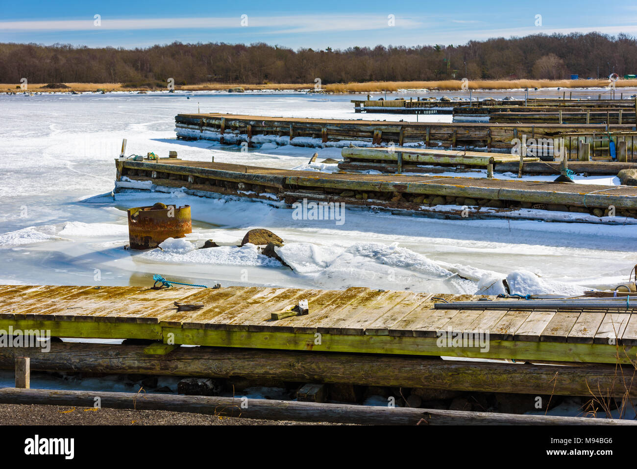 Un sacco di banchine circondate da scongelamento di ghiaccio su una soleggiata giornata di primavera. Canneti e foresta in background. Ubicazione Hasslo isola nel sud della Svezia. Foto Stock