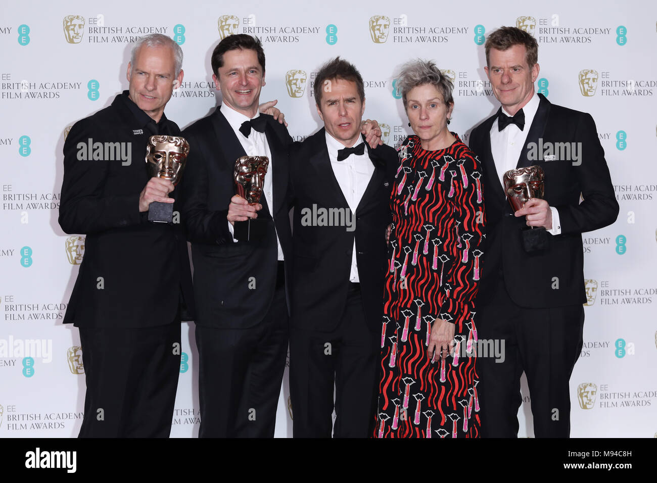 La British Academy Film Awards (BAFTA) 2018 - I vincitori di camera con: Sam Rockwell, Frances McDormand, Martin McDonagh, Graham Broadbent, Peter Czernin dove: Londra, Regno Unito quando: 18 Feb 2018 Credit: Lia Toby/WENN.com Foto Stock
