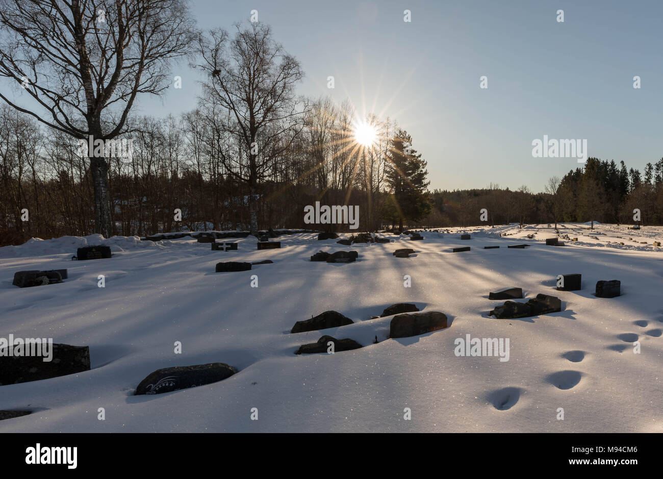 Bamble, Norvegia - 17 Marzo 2018: cimitero, tombe coperte di neve, retroilluminato foresta, all'della chiesa di Sant'Olav resti in Bamble, Norvegia. Foto Stock