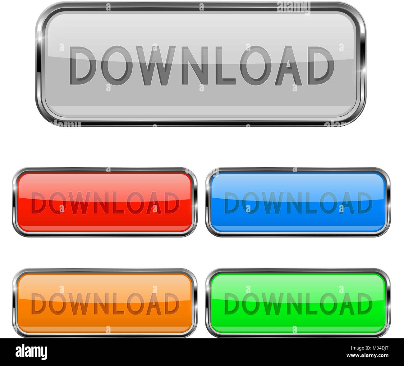 I pulsanti di download. Vetro icone 3d con cornice cromata Illustrazione Vettoriale