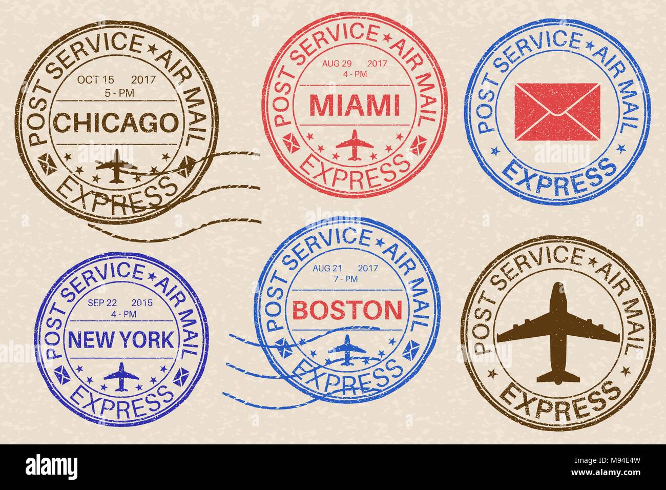 Annulli postali. Collezione di francobolli di inchiostro su sfondo beige Illustrazione Vettoriale