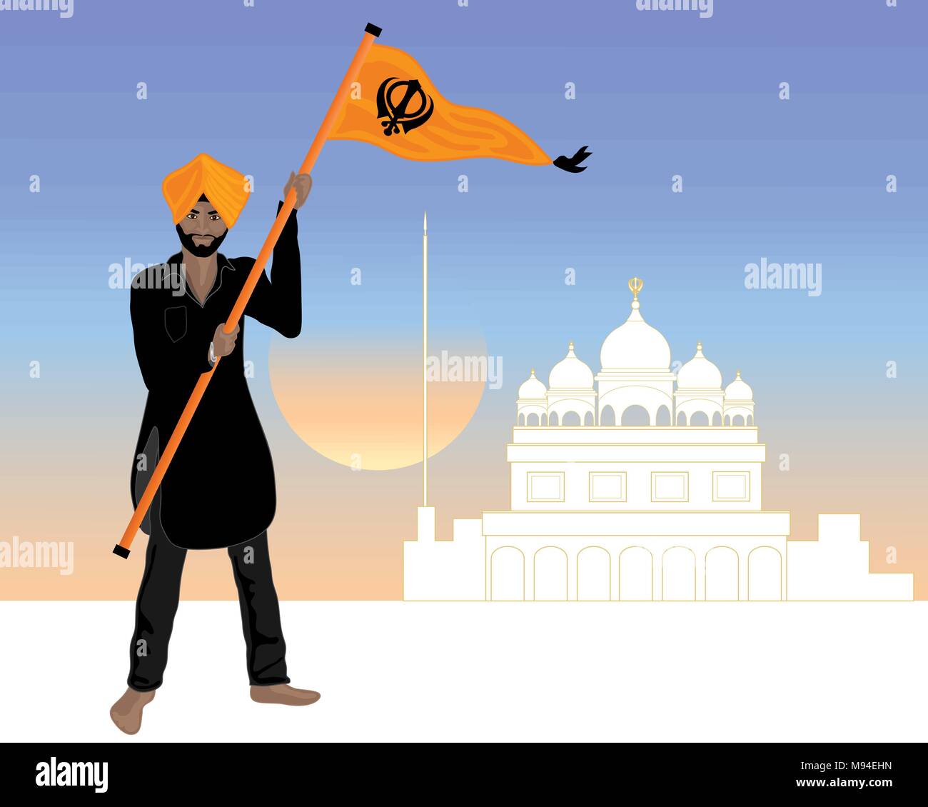 Una illustrazione di un orgoglioso di religione sikh uomo vestito in un nero salwar kameez con la bandiera sikh nishan sahib davanti a un gurdwara bianco al tramonto Illustrazione Vettoriale