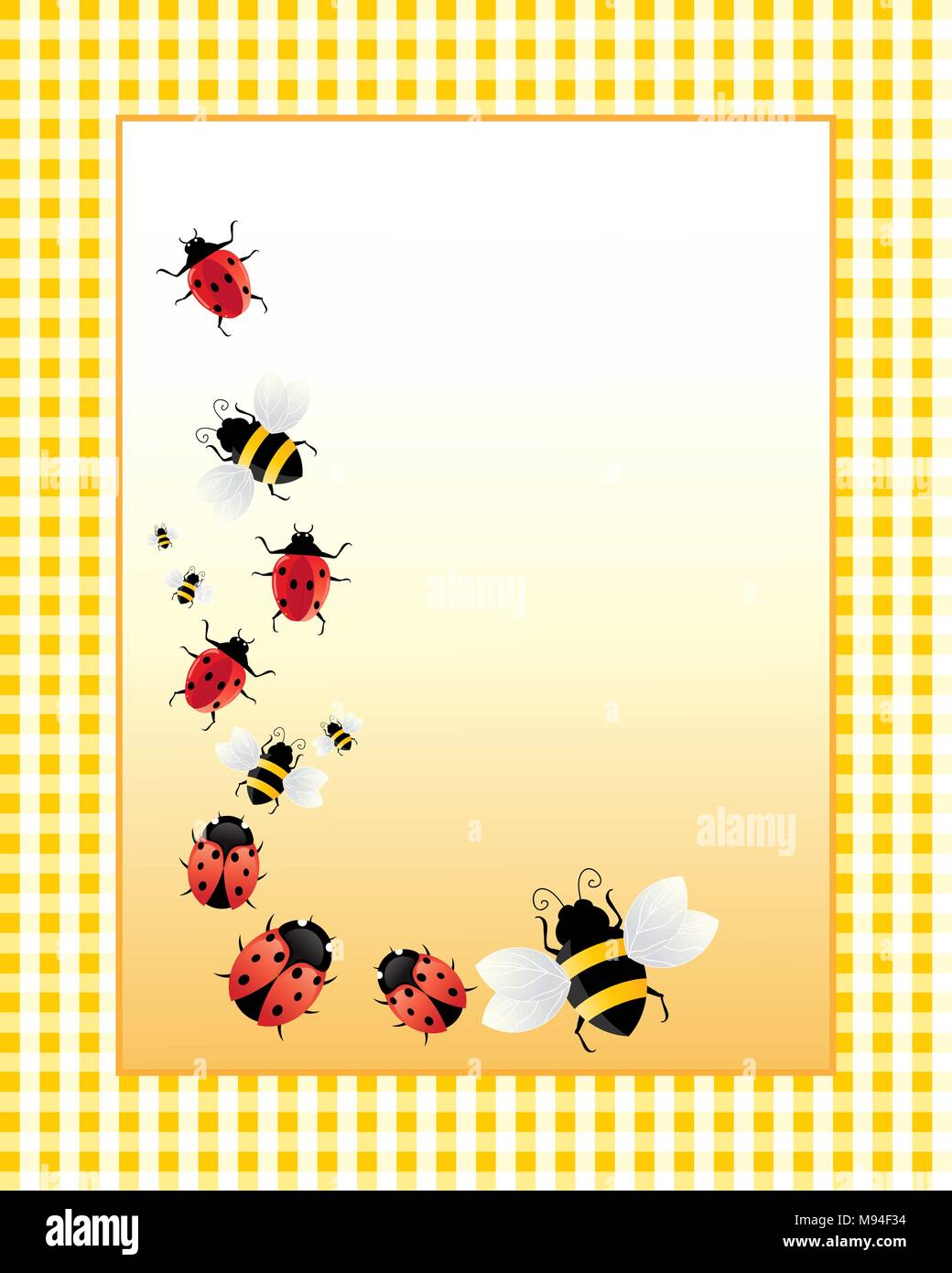 Una illustrazione di una cucina nota carta decorata con ladybugs e api su un giallo sfondo gingham Illustrazione Vettoriale