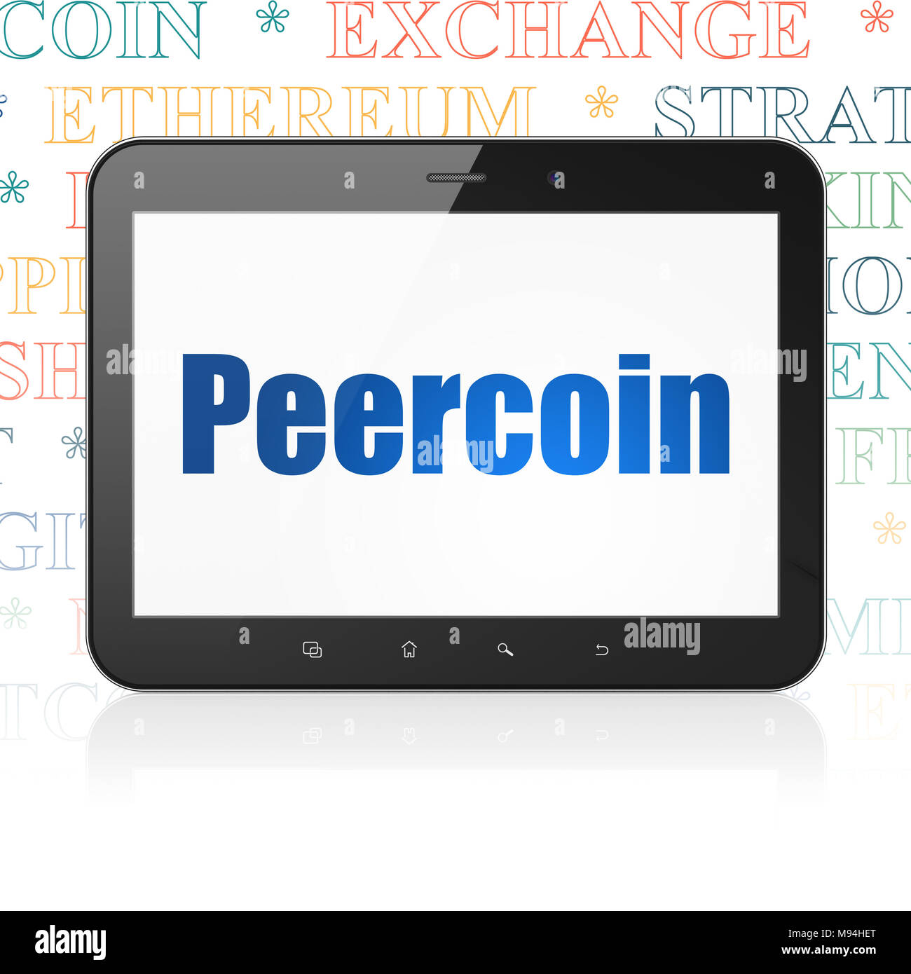 Concetto Blockchain: Computer tablet con Peercoin sul display Foto Stock