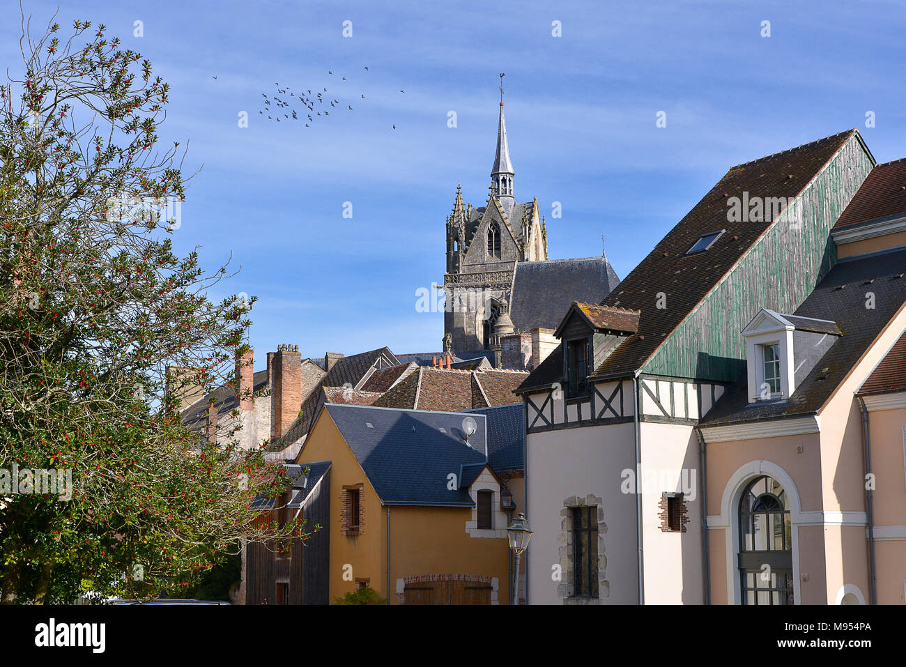 La-Ferté-Bernard con la chiesa di Notre Dame des Marais in background. Comune nel dipartimento della Sarthe nella regione Pays de la Loire Foto Stock