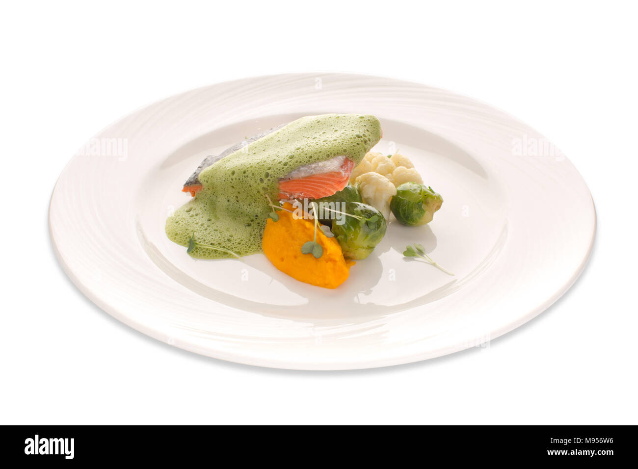 Pesce rosso verdure salsa schiumoso isolato Foto Stock