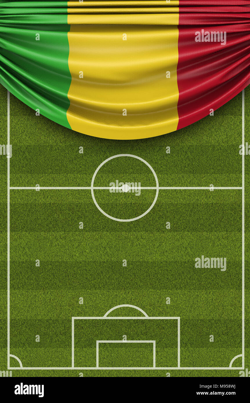 Mali bandiera del paese avvolto su una partita di football soccer pitch. Il rendering 3D Foto Stock
