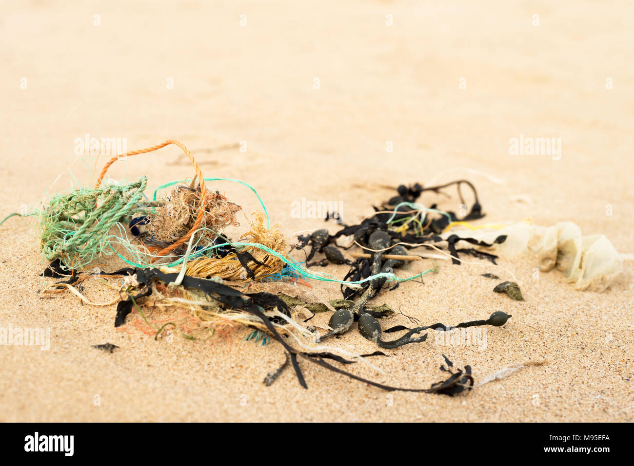 Scartato funi in nylon su una spiaggia Foto Stock