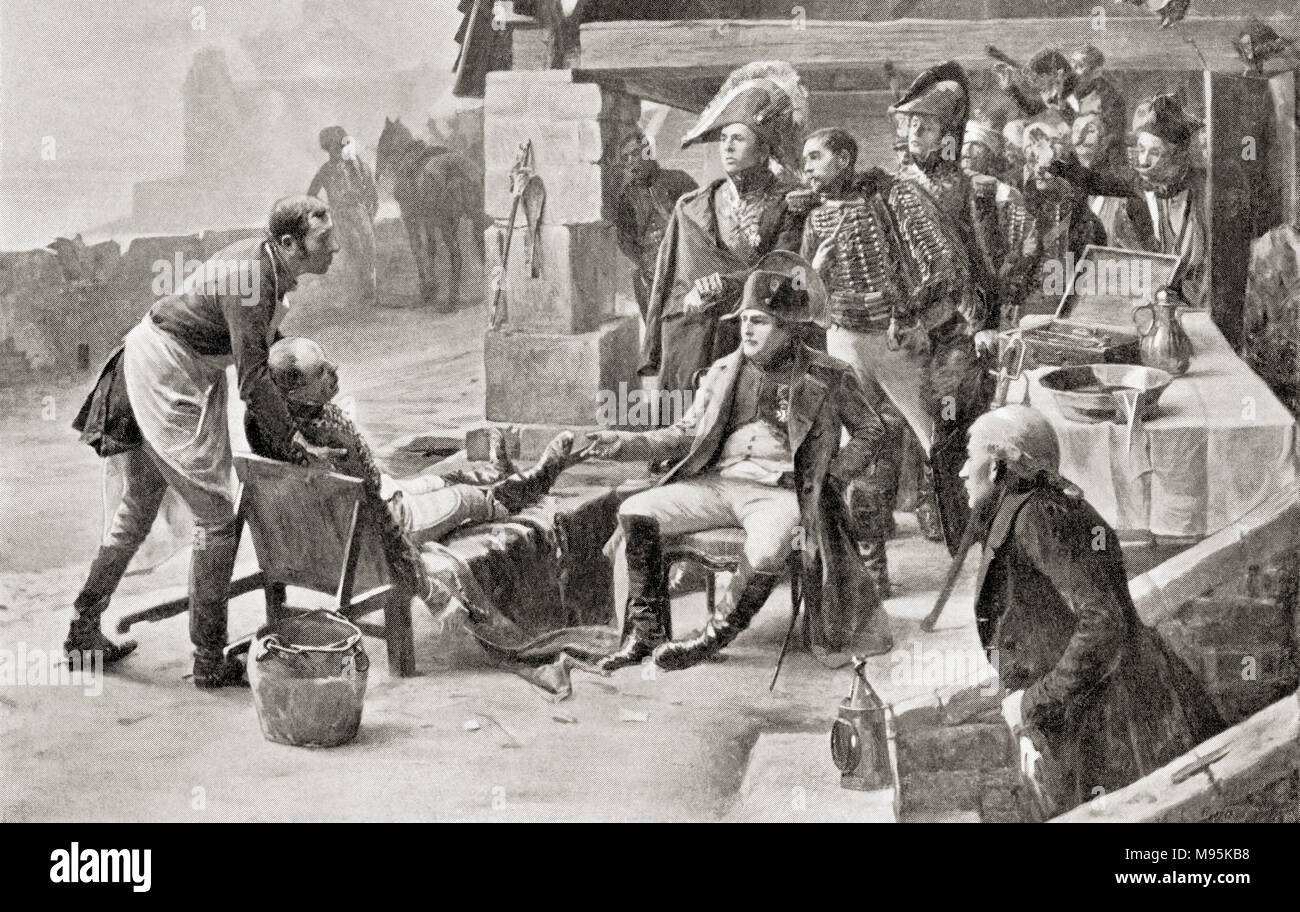 Napoleone visita i feriti dopo la battaglia di Ulm, 1805. Napoléon Bonaparte, 1769 - 1821. Statista francese e leader militari. Da Hutchinson nella storia delle nazioni, pubblicato 1915 Foto Stock