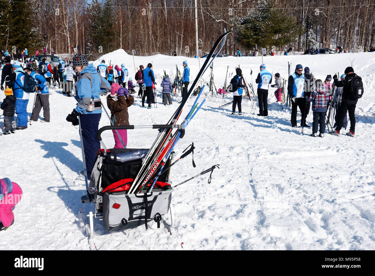 Un bambino vettore su sci con sci di fondo sci nella parte posteriore, in corrispondenza di un centro di sci in Levis, Québec Canada Foto Stock