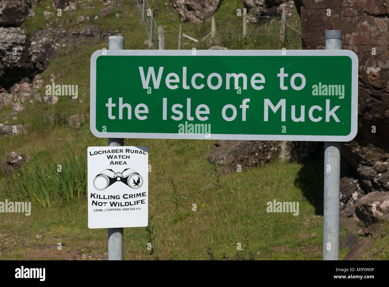 Benvenuti all' Isola di Muck segno Foto Stock