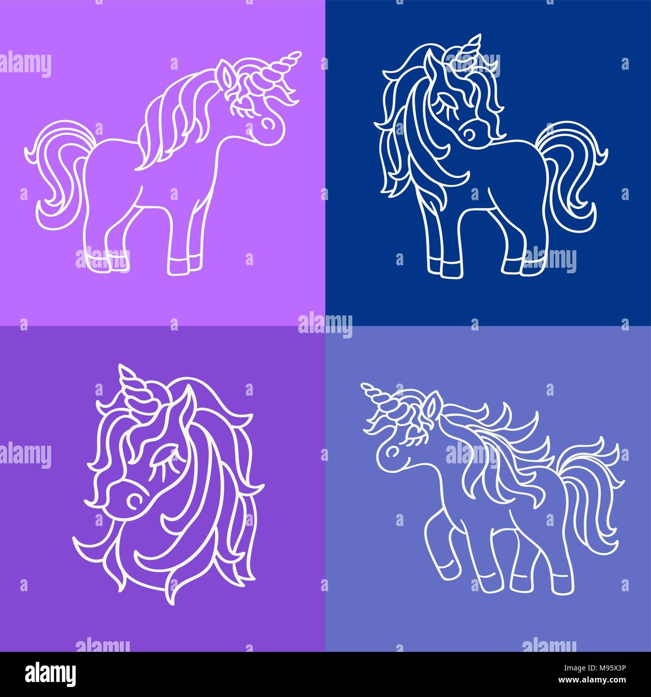 Unicorn magia bianca schizzo di contorno impostato sul viola sfondo blu Illustrazione Vettoriale