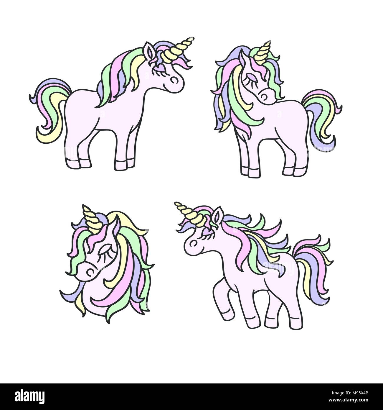 Unicorn magic colori pastello disegno impostato su sfondo bianco Illustrazione Vettoriale