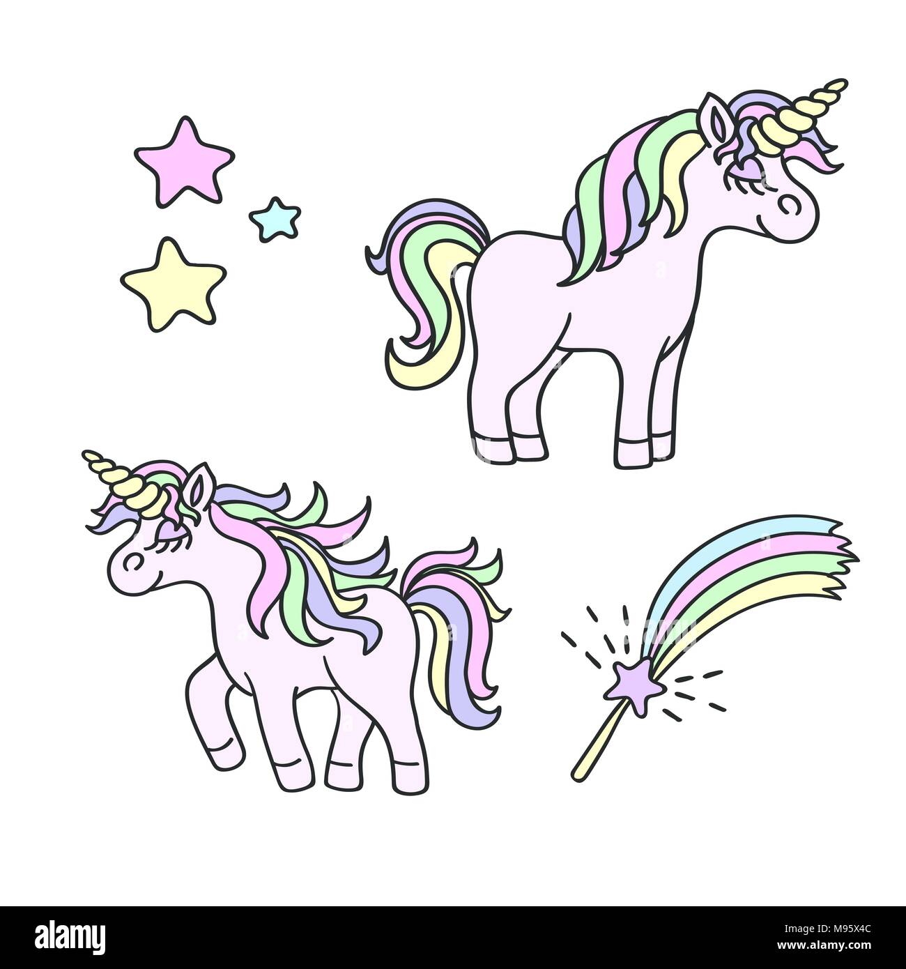 Unicorn, rainbow, stelle, bacchetta magica elemento vettore impostato Illustrazione Vettoriale