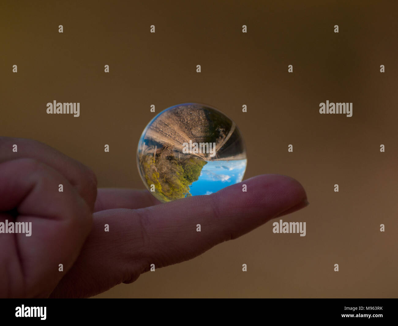 Donna mano azienda sfera di vetro con vista panoramica della campagna e cielo blu/ concetto per l ambiente Foto Stock