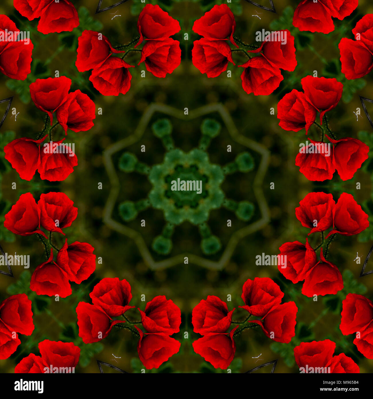 Bellissimo sfondo floreale in caleidoscopio i colori verde e rosso Foto Stock