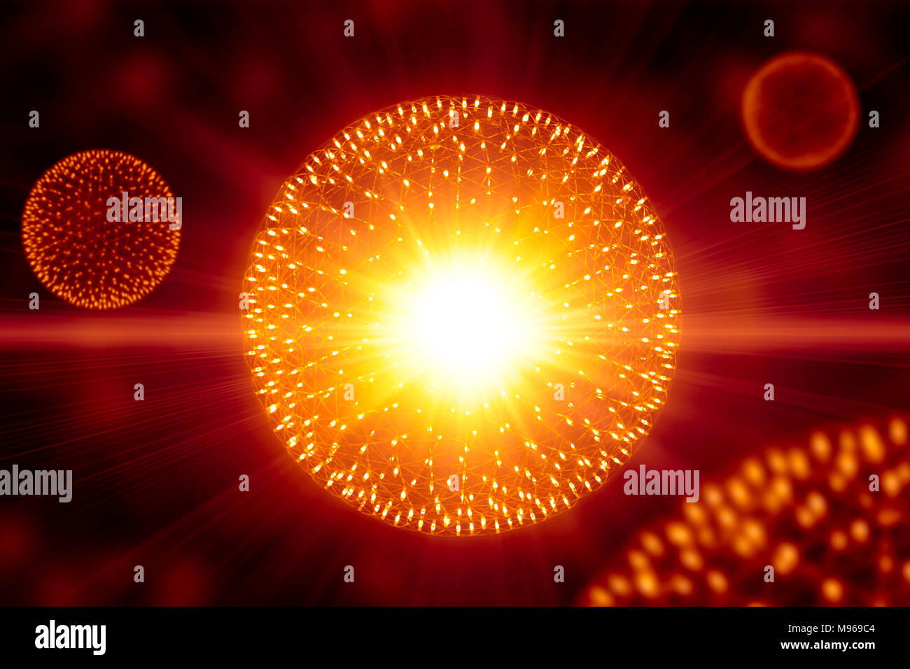 CG struttura modello forma di nucleo atomo esplosione nucleare bomba emettono radiazioni con fascio di raggi x o iniezione di luce di campi magnetici e le particelle dalla centrale Foto Stock