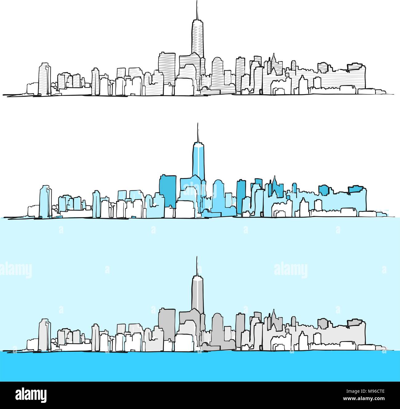 Tre versioni di New York skyline della citta'. Per il disegno vettoriale il concetto di arte per travel marketing Illustrazione Vettoriale