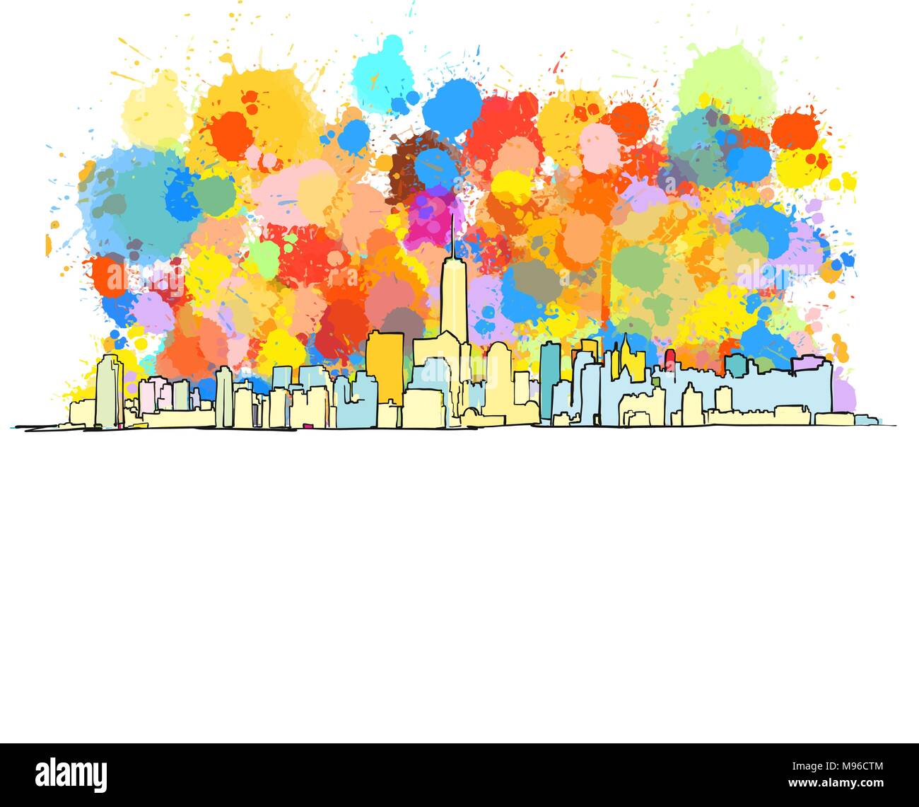 Colorata sullo skyline di New York City con un grande ammontare di schizzi. Disegno vettoriale. Illustrazione Vettoriale