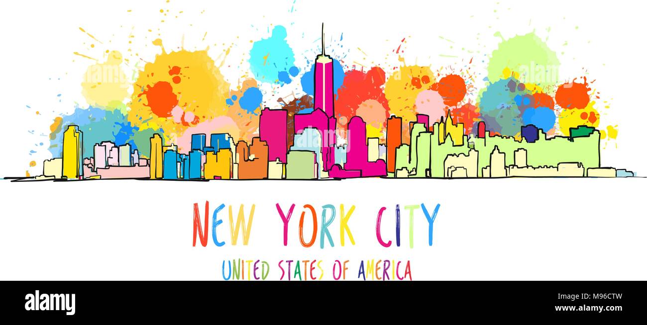Colorato New York skyline della città disegno. Profilo di vettore per la versione digitale del prodotto e di marketing di viaggio. Illustrazione Vettoriale