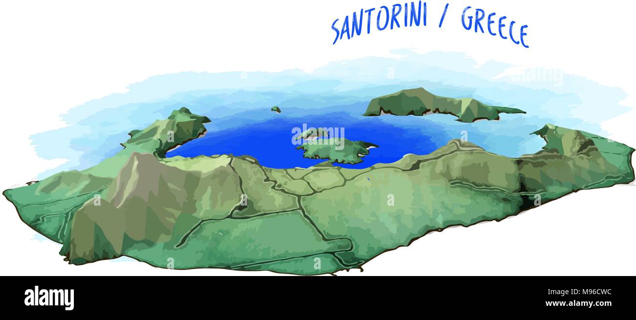 3D Mappa dell'isola di Santorini. Dettagliata illustrazione vettoriale con acqua blu sullo sfondo. Concetto isolato per una infografica e marketing. Illustrazione Vettoriale