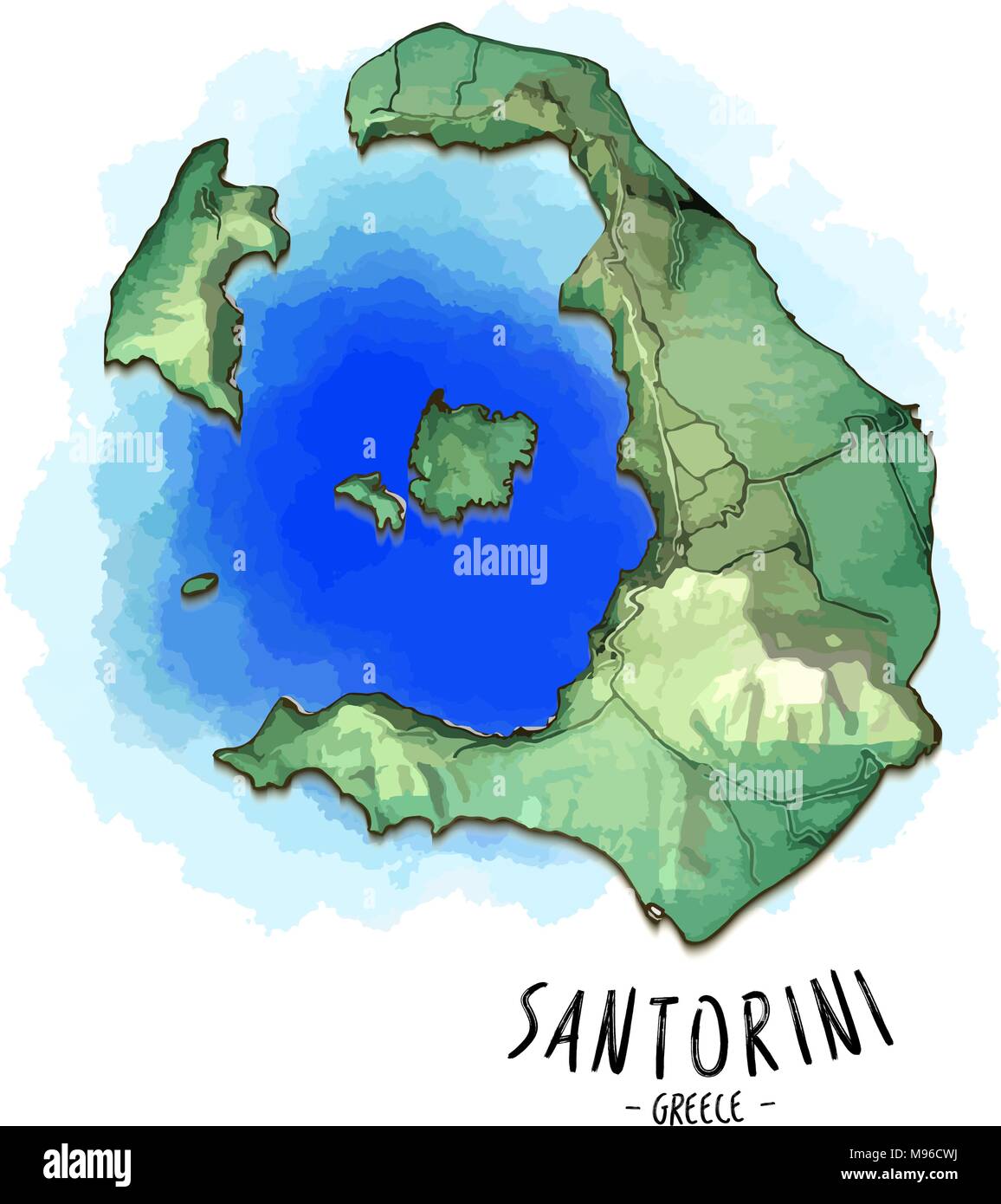Mappa 3D di Santorini. Dettagliata illustrazione vettoriale con laguna blu acqua. Concetto isolato per una infografica e marketing. Illustrazione Vettoriale