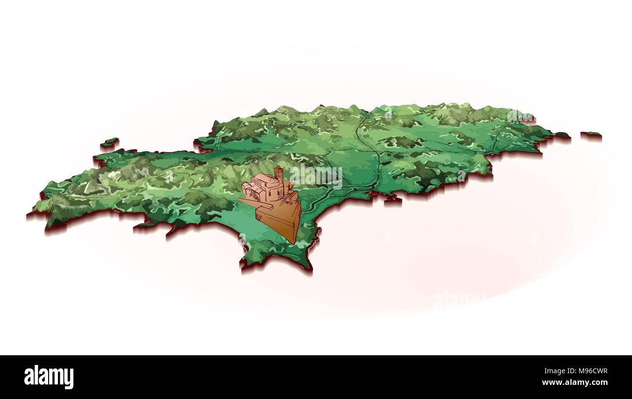 Mappa dell'isola di Ibiza con disegno. Dettagliata illustrazione vettoriale. Concetto isolato per una infografica e marketing. Illustrazione Vettoriale