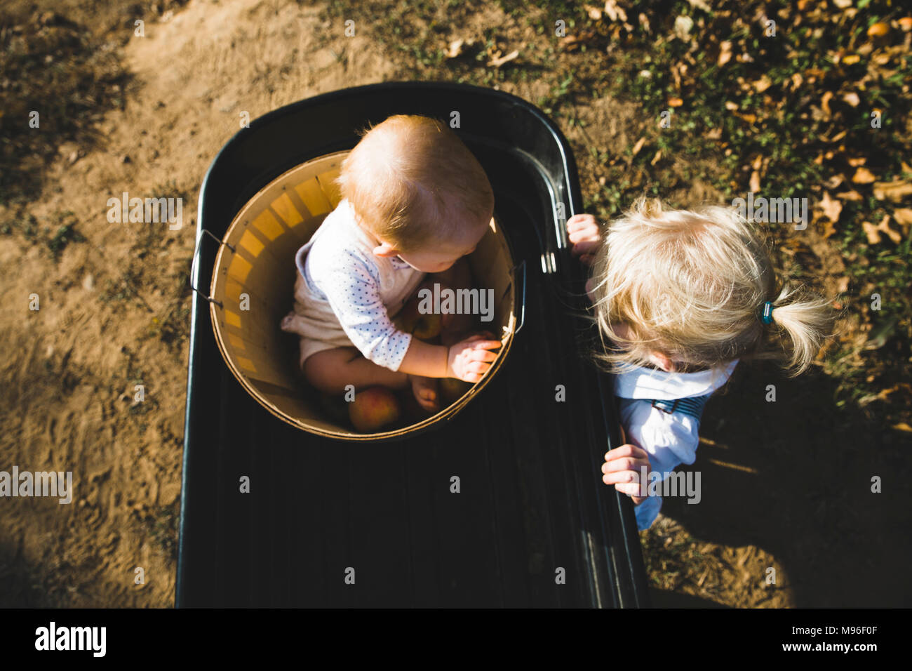 La ragazza e il bambino insieme in cesti di Orchard Foto Stock