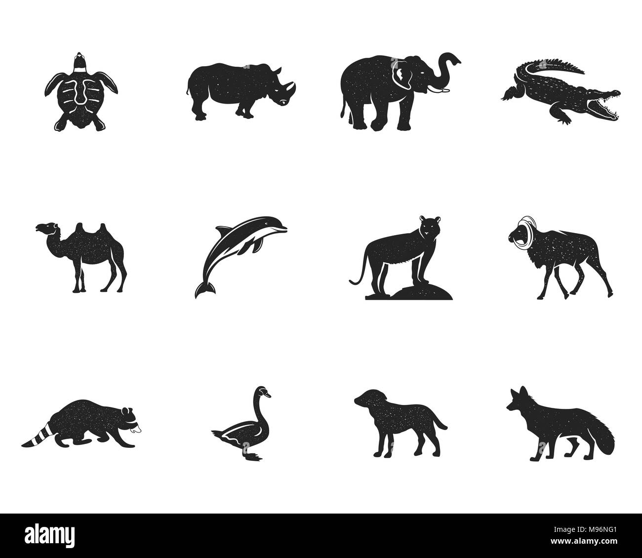 Wild Animal figure e forme isolate di raccolta su sfondo bianco. Silhouette nera tartaruga, Rhino, Dolphin, swan, tigre, cammello, raccoon, fox, cane e othersl. Forme animali bundle. . Foto Stock