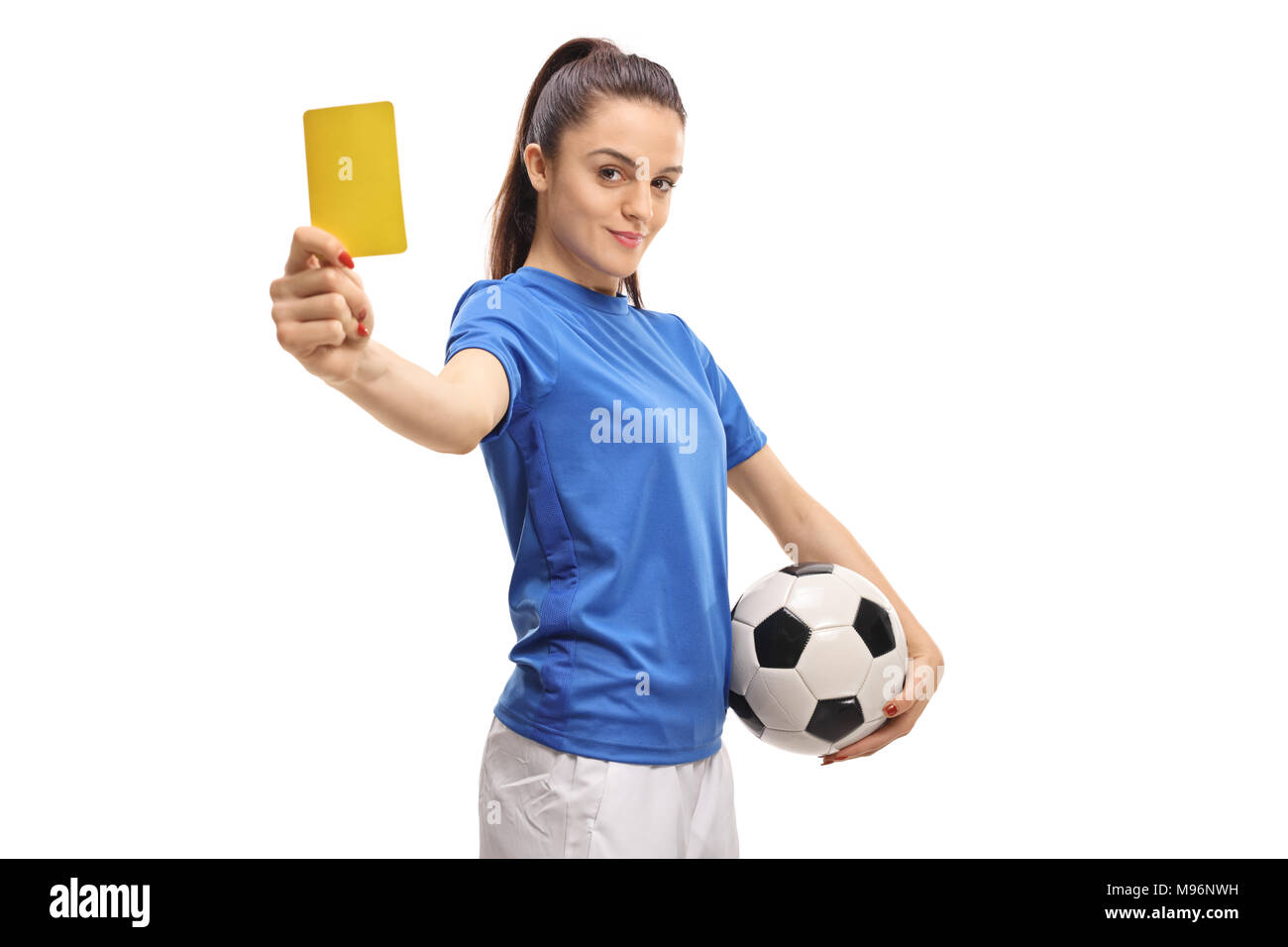 Calcio femminile player che mostra un cartellino giallo isolato su sfondo bianco Foto Stock
