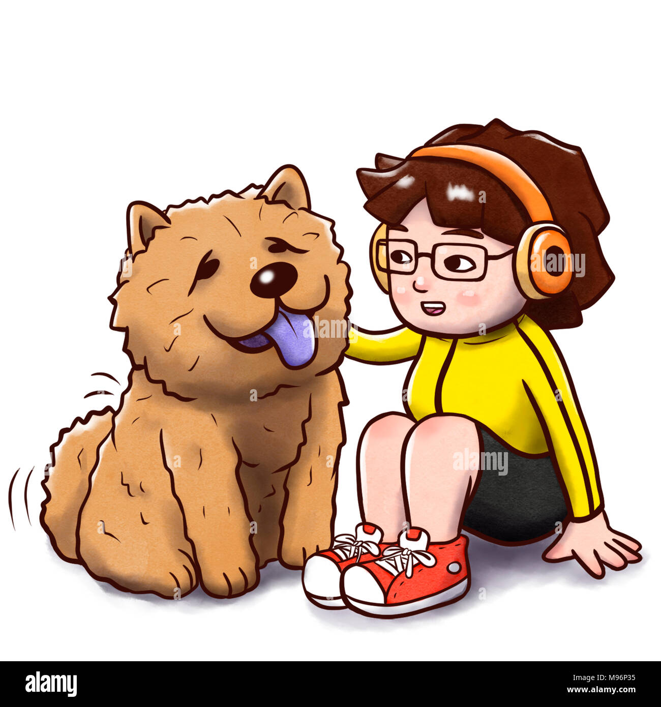 Ragazza seduta con un Chow Chow cane - versione isolata Foto Stock