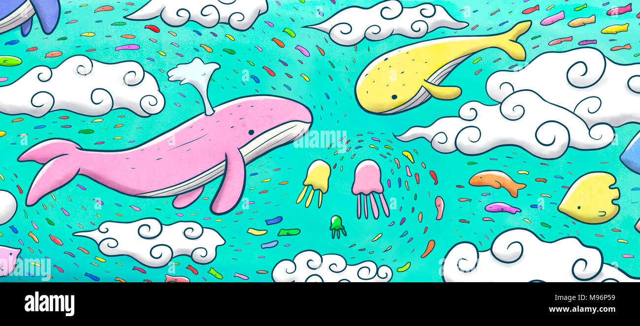 Acquerello digitale illustrazione di vari pesci, balene e meduse volare nel cielo. Foto Stock