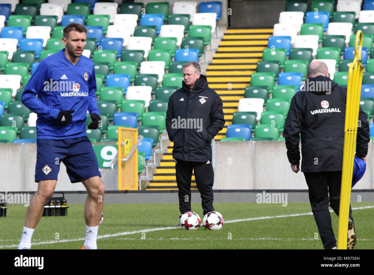 Stadio Nazionale al Windsor Park di Belfast, Irlanda del Nord. Il 23 marzo 2018. Irlanda del Nord allenamento in vista di domani pomeriggio amichevole internazionale contro la Repubblica di Corea (Corea del Sud) a Belfast.Irlanda del Nord manager Michael O'Neill a sessione del mattino. Credito: David Hunter/Alamy Live News. Foto Stock