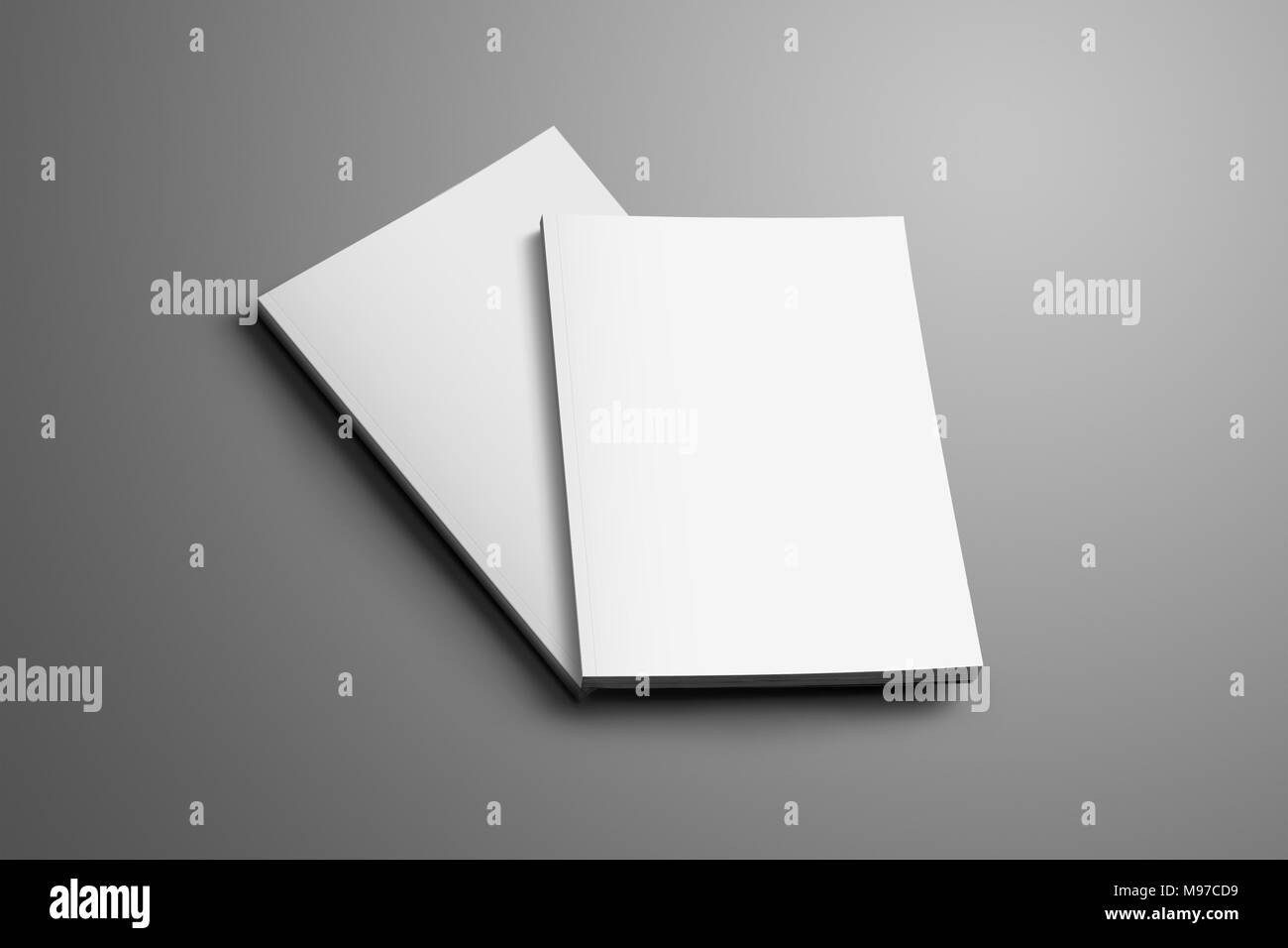 Due vuoto chiuso A4, (A5) brochure con morbide ombre realistiche isolato su sfondo grigio. Uno degli opuscoli si trova in corrispondenza di un angolo della seconda broch Foto Stock