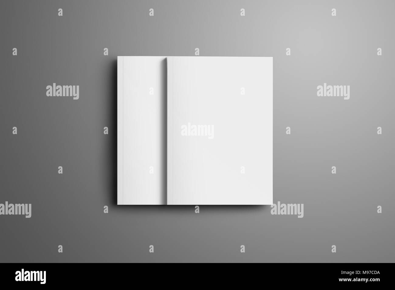 Due vuoto chiuso A4, (A5) brochure con morbide ombre realistiche isolato su sfondo grigio. Uno degli opuscoli si trova sulla parte superiore del secondo opuscolo. Foto Stock