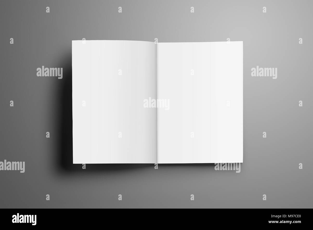 Universal fustellato aperto A4, (A5) rivista con morbide ombre realistiche isolato su sfondo grigio. Brochure aperto sulla prima pagina e può essere usato fo Foto Stock
