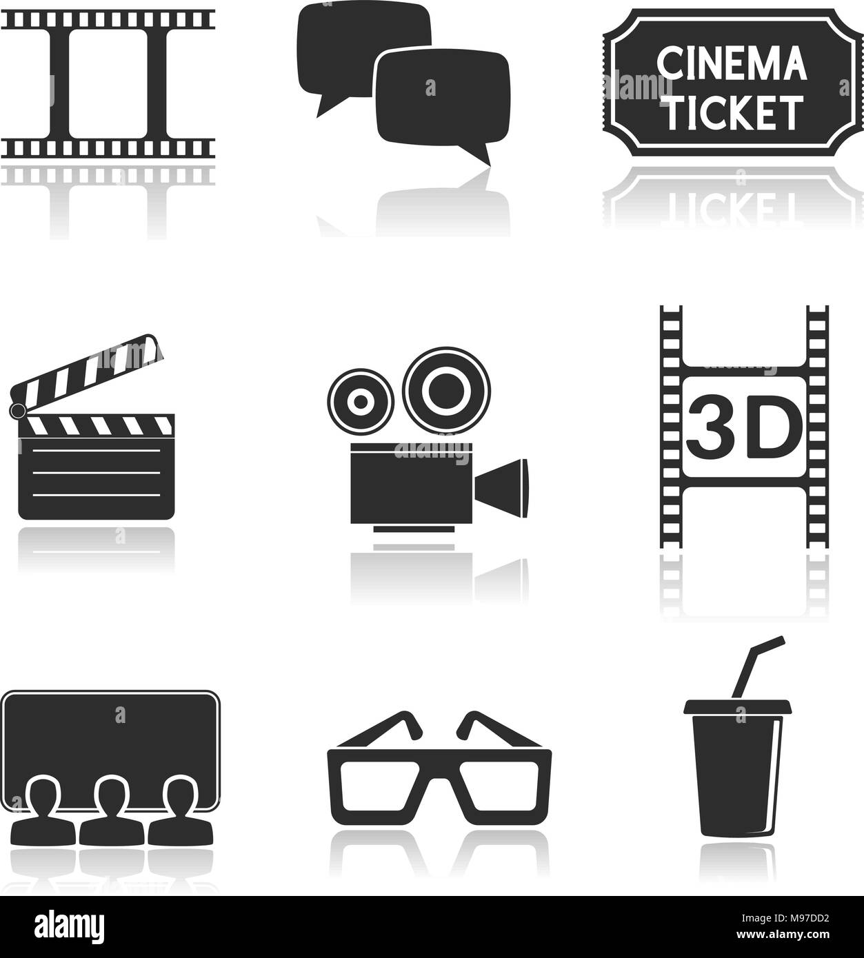 Cinema set di icone. Quadrato nero con segni movie theater simboli Illustrazione Vettoriale