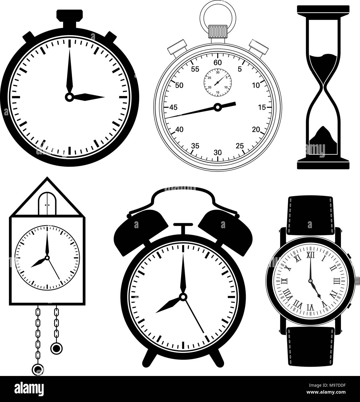 Icone di clock set. Piatto nero di raccolta diversi orologi Illustrazione Vettoriale