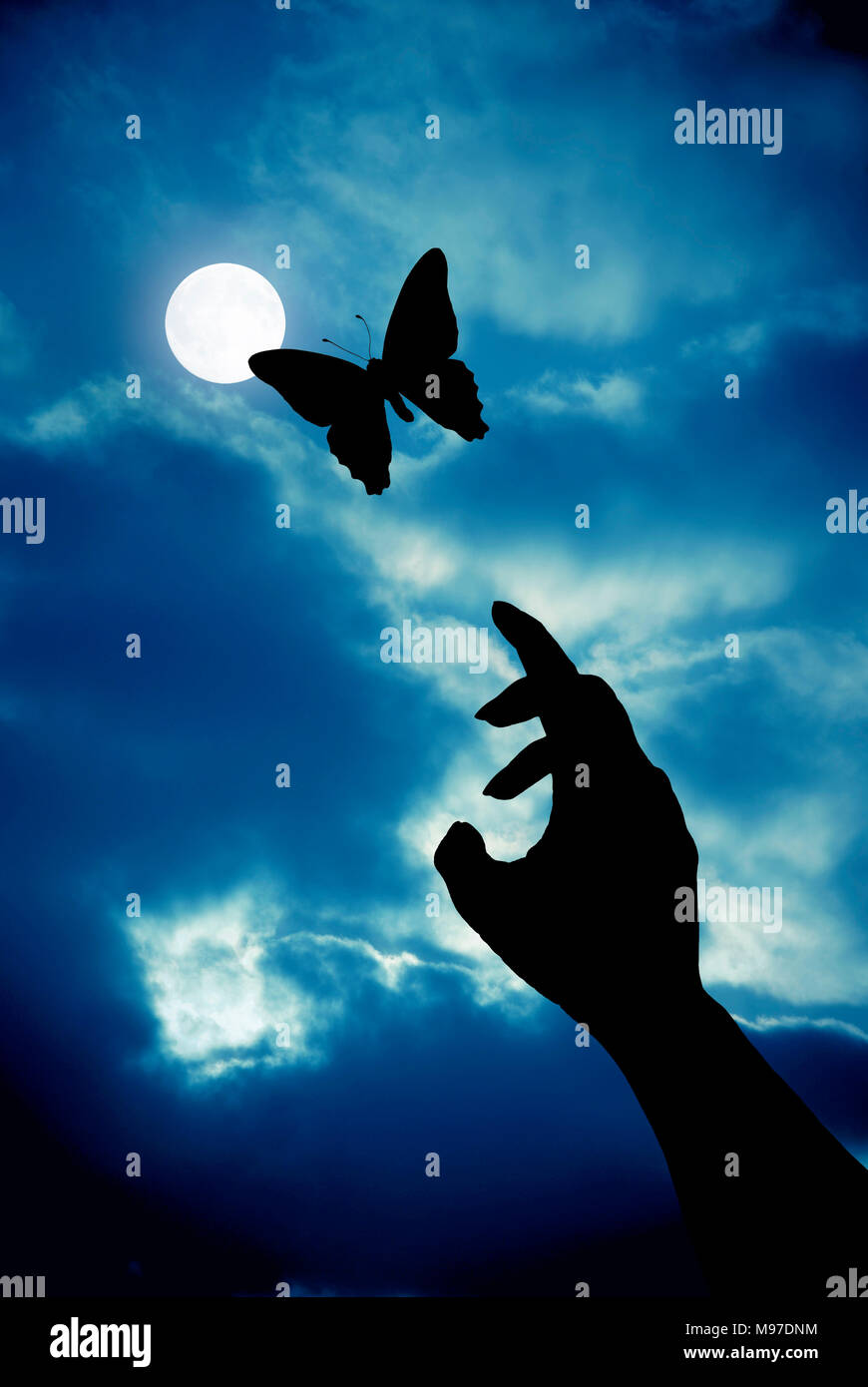 Mano femminile per raggiungere una farfalla in silhouette contro la luna Foto Stock