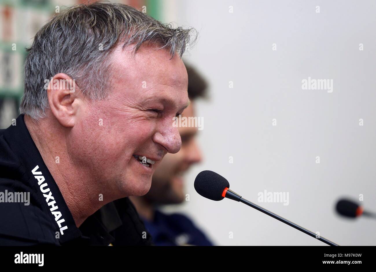 Irlanda del Nord manager Michael O'Neill durante la conferenza stampa al Windsor Park di Belfast. Foto Stock