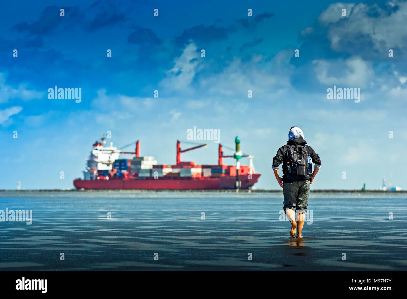Deutschland, Cuxhaven, Elba, Elbmündung, Watt, Wattenmeer, Contenitore Containerschiff Foto Stock