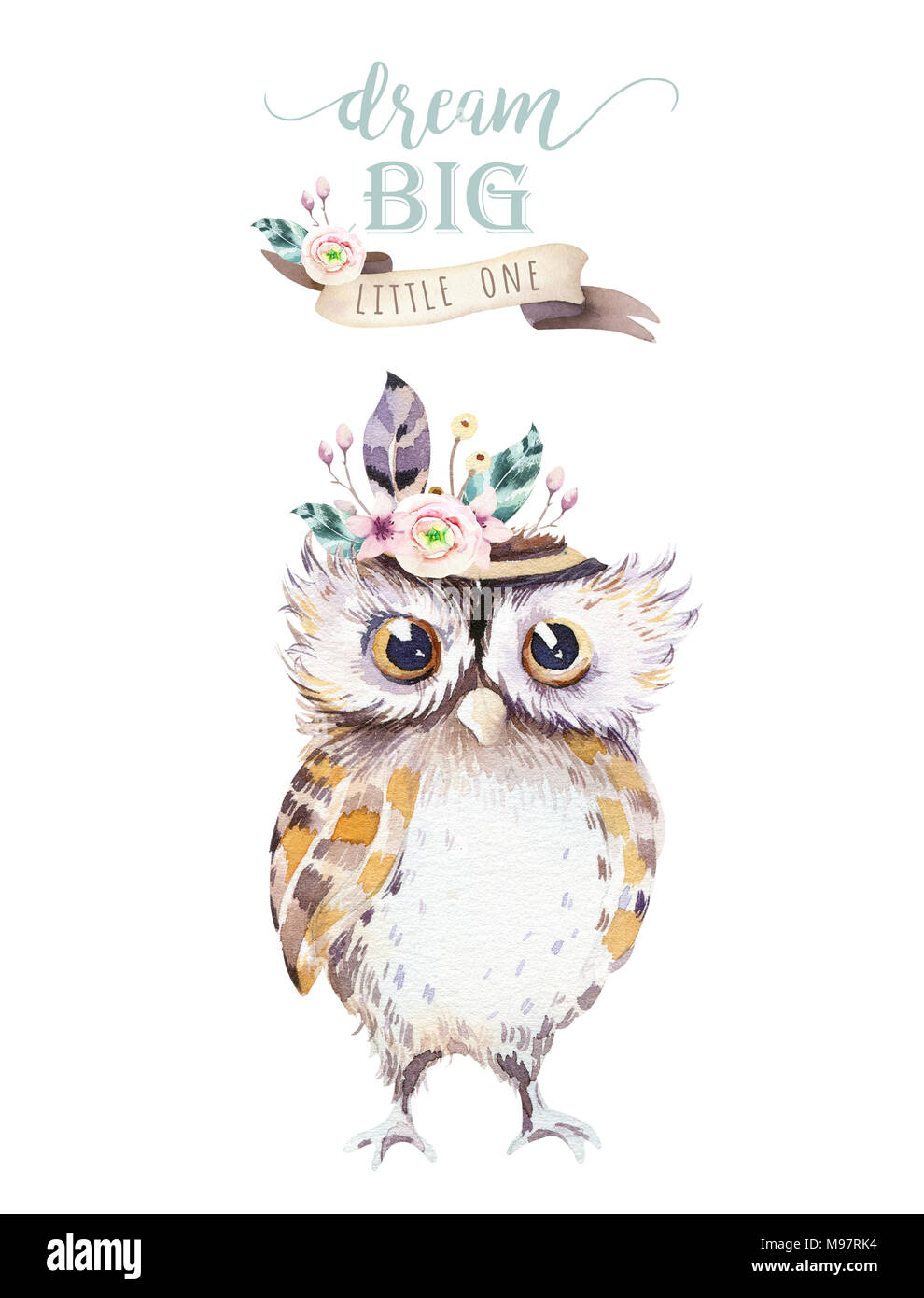 Carino bohemian baby owl animali per asili, bosco isolato di vivaio forestale di decorazione gufi illustrazione per bambini foresta modello animale. Wat Foto Stock