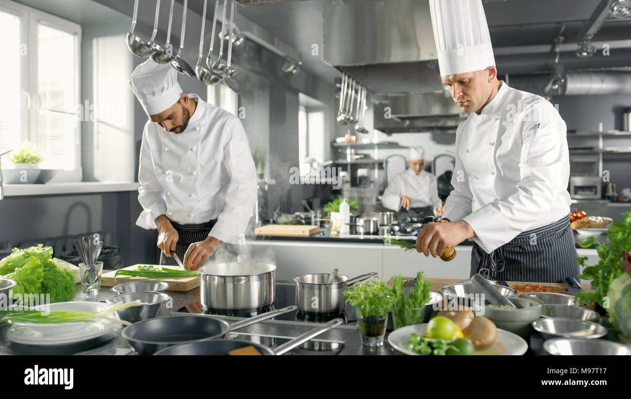 Due famosi chef lavorano come una squadra in un grande ristorante Cucina. Le verdure e gli ingredienti sono ovunque, la cucina è moderna. Foto Stock