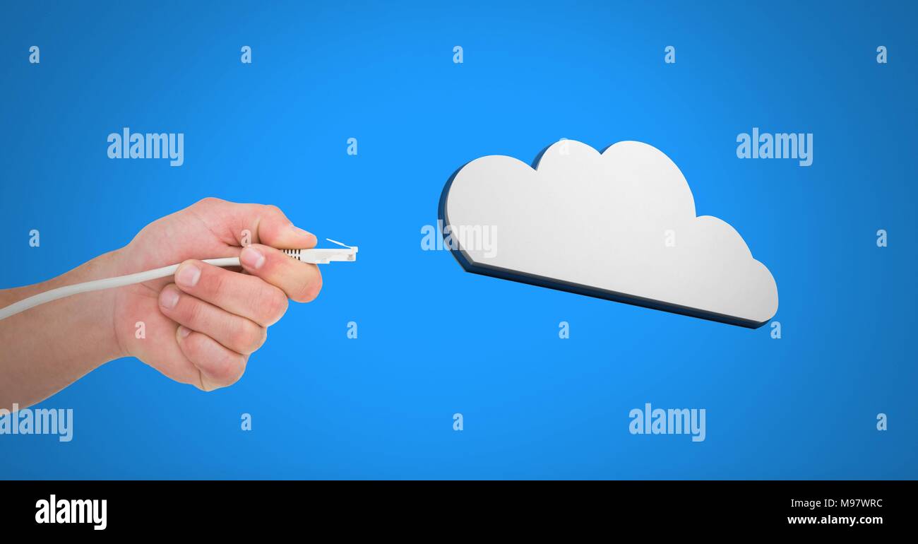 Mano che tiene il collegamento del filo con il cloud Foto Stock
