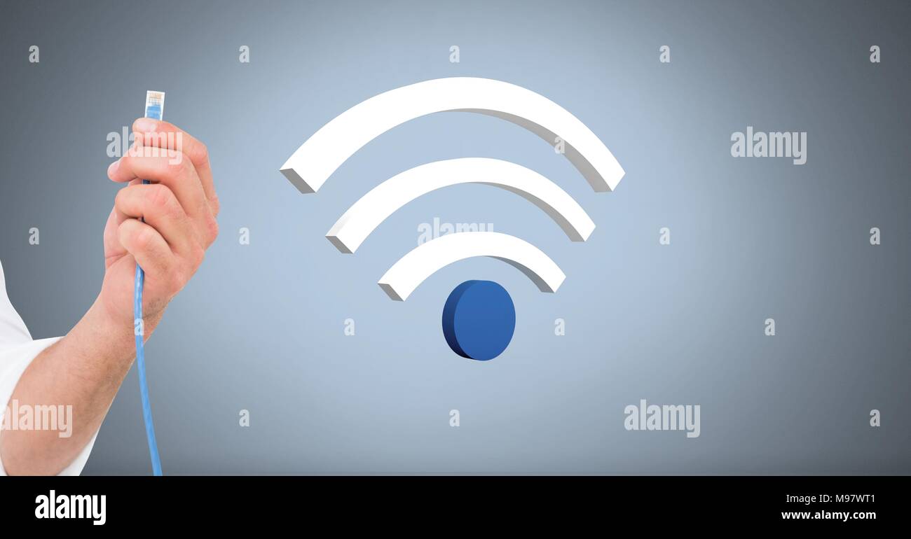 Mano che tiene il filo con connessione wi-fi icon Foto Stock