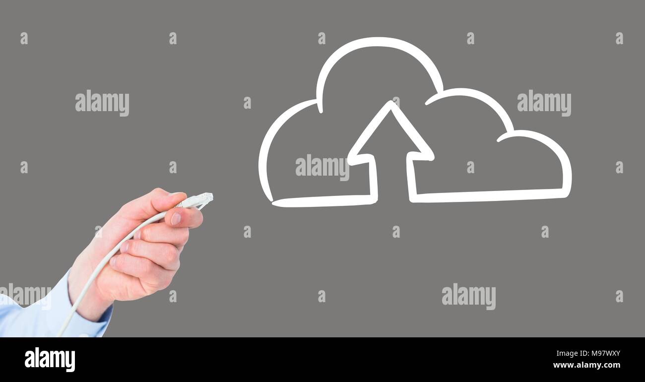 Mano che tiene il collegamento del filo con il cloud upload Foto Stock