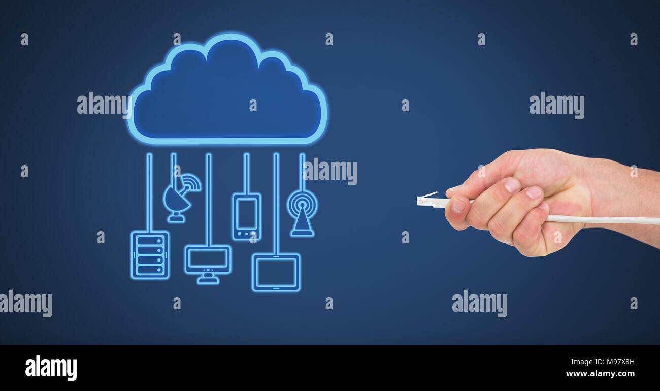 Mano che trattiene il filo collegamento con dispositivi di cloud Foto Stock