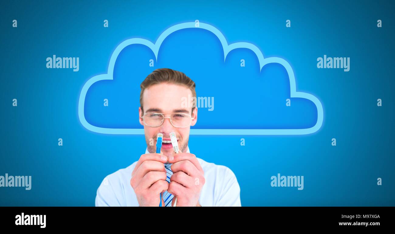 Uomo con collegamento filare con il cloud Foto Stock