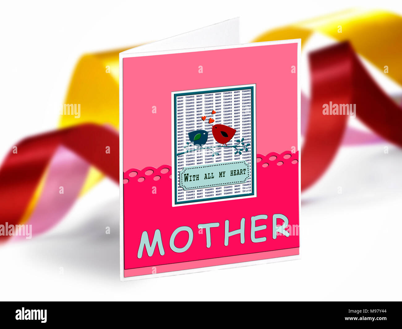 Biglietto di auguri per la festa della mamma o qualsiasi altro con nastri di seta in background Foto Stock